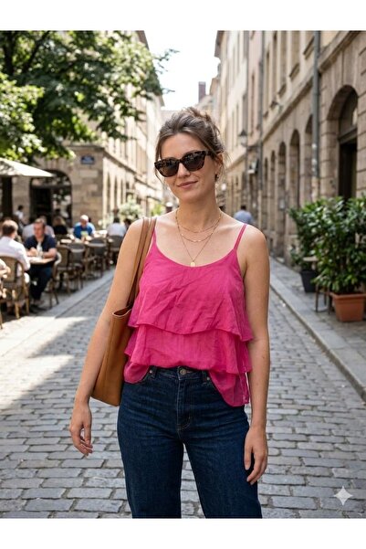 AYASOFYA OTANTIK Women's Italian Fuchsia Layered Strap Dress 100% İ Silk Luz