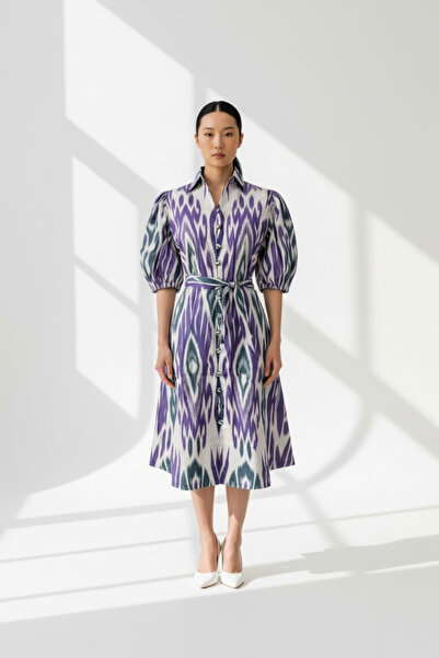 HN Loom Ametist İkat Kuşaklı Düğmeli Balon Kol El Dokuma %100 Pamuk Kadın Elbise