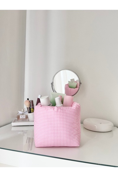 Lulishop Pink Gingham Fabric Makeup Organizer - Organizer Basket