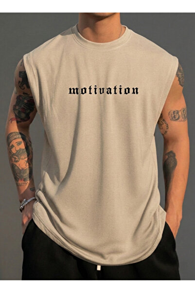 BUWOM Ανδρικό μπλουζάκι με στάμπα Motivation με λαιμόκοψη και μηδενικά μανίκια