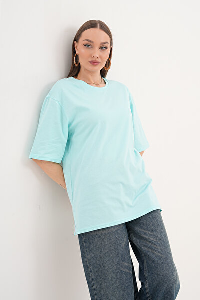 THE WOOW Unisex Water Green Crew Neck Short Sleeve Side Slit Oversized Basic ...