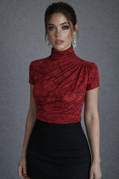 Be Best Bluză roșie guler ridicat florală cu încrețituri pentru femei BE383