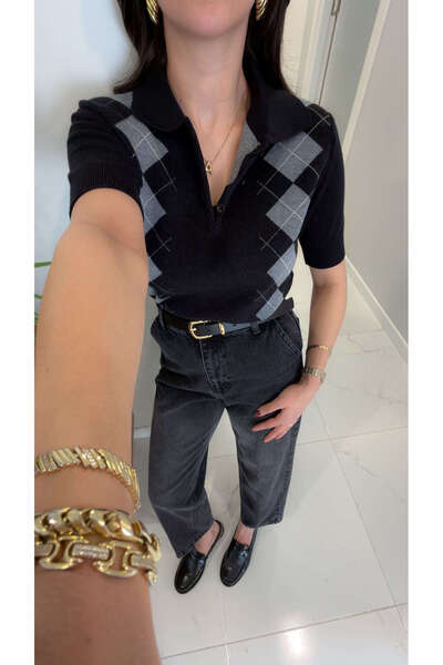 BİRCANÇİL MD Tiesra Tricotaj cu mânecă scurtă, guler polo, negru gri, cu mode...