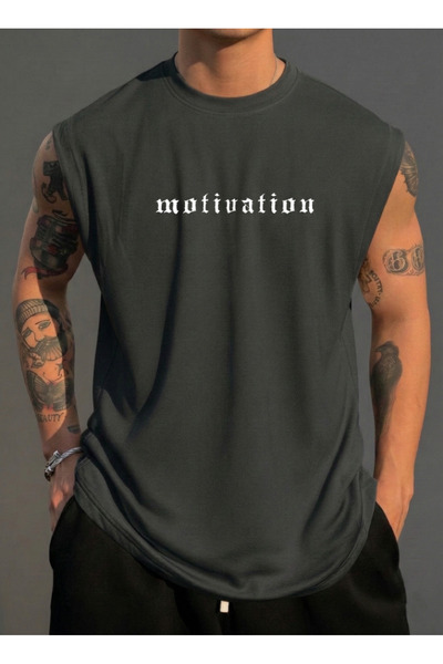 BUWOM Ανδρικό μπλουζάκι με στάμπα Motivation με λαιμόκοψη και μηδενικά μανίκια