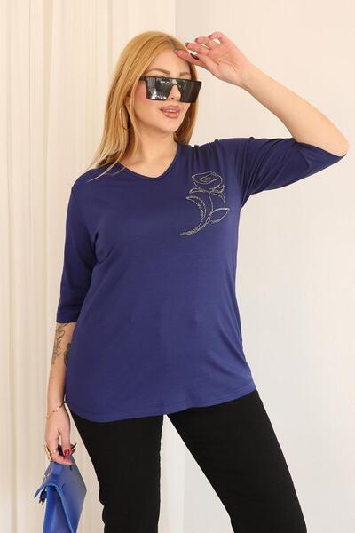 Siyezen Plus Size Rose Stone Embroidered Capri Sleeve Blouse