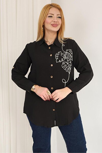 Siyezen Plus Size Muslin Fabric Embroidered Shirt