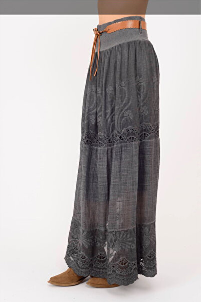 AYASOFYA OTANTIK Γυναικεία Ιταλική Φούστα Ανθρακίτη D Δαντέλα i με Έθνικ Σχέδ...