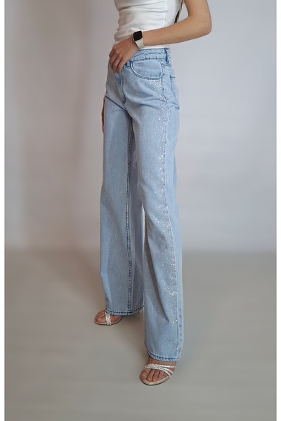 oyagüler Women's Light Blue Gradient Stone Printed Soft Denim Pants Jean Yy101274
