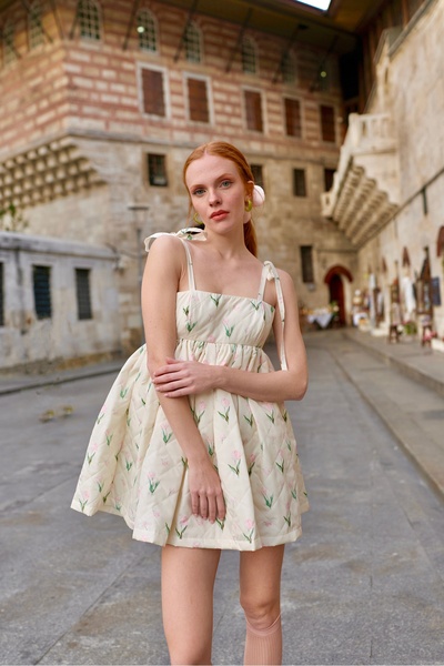 FLAINER Tulip Jam Puff Mini Elbise