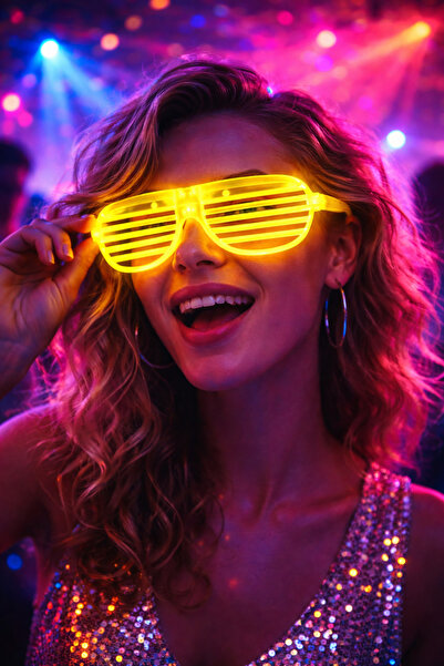 Sarı LED Parti Gözlüğü – Neon Sarı Işıklı Shutter Parti Gözlüğü | Festival ve Gece Partisi Aksesuarı