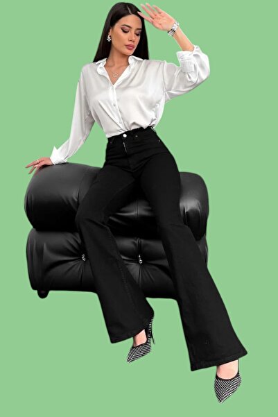 Livik Haman Flared Solmaz Black E Stretchy High Waist Denim Trousers