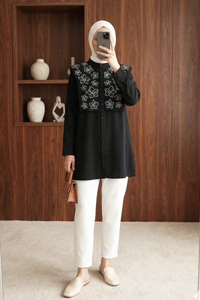 MODAQU Floral Embroidery Detailed Buttoned Tunic - Black