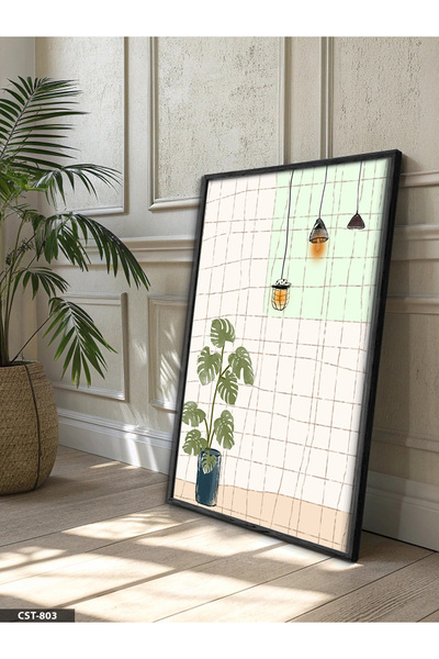 Evinemoda Linear Plant and Lamps One-Piece Black Wooden Framed Painting