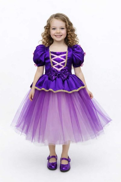 BOZTAŞ BEBE Rapunzel Short Sleeved Knitted Hair Clip Gift Dress & Rapunzel Evening Dress & Rapunzel Short Sleeved Costume
