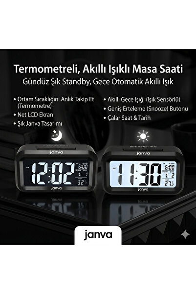 Janva Karanlık Sensörlü Dijital Masa Saati Fotoselli Alarmlı Termometreli Der...
