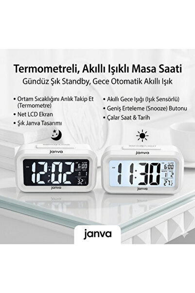 Janva Karanlık Sensörlü Dijital Masa Saati Fotoselli Alarmlı Termometreli Der...