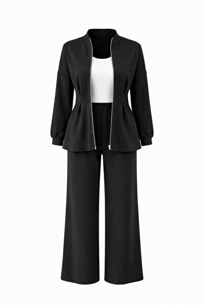 ECK MODA Women's Crepe Fabric Zippered Belt Detail Pants and Top Set