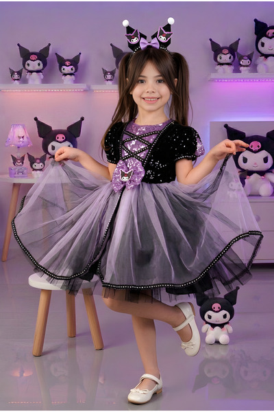 RUMİ KİDS Kuromi Sequined Birthday Princess Costume and Dress with Crown Accessories Princess Lila