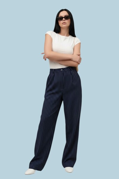 Livik Mag Navy Blue Striped Wide Leg High Waist Trousers