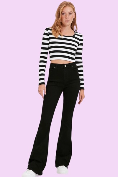 Livik Purpe Women's Black Stretch Fabric High Waist Flared Jeans