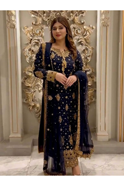 MYSMAR طقم بيجاما وبنطال وشال من قماش جورجيت صناعي باللون الكحلي - HRT2182 | ...