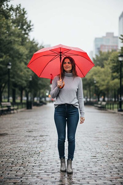 Rubenis Kırmızı Baston Şemsiye Orjinal Ahşap Sap Lüx Şemsiye