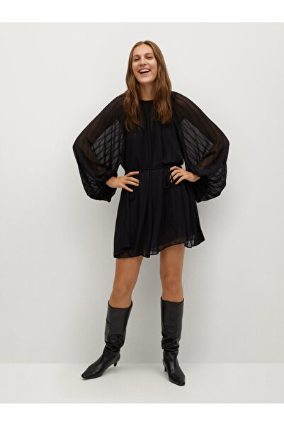 MANGO Rochie elegantă neagră cu mâneci ημιδιαφανές