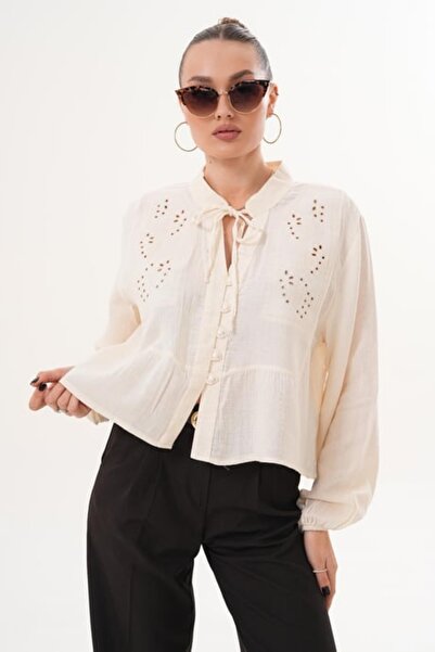ZARİFSTORE Women's Patterned Collar Lace Detailed Linen Shirt