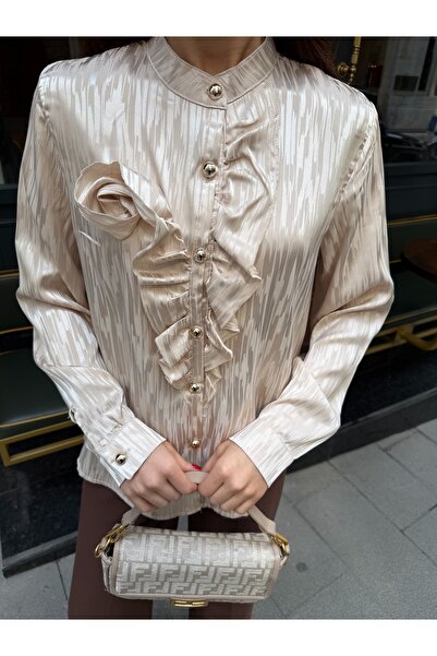 ikomteks Elegant Ruffle Detail Button Satin Women's Shirt