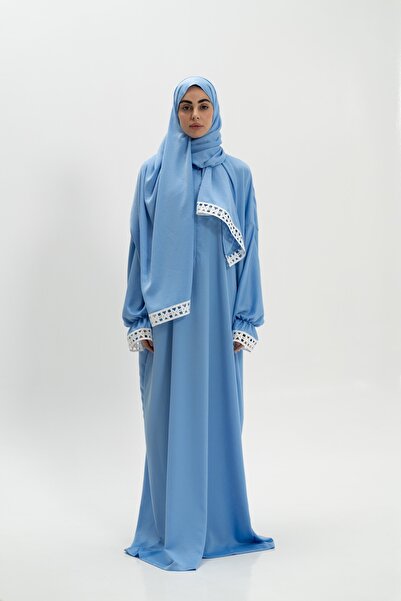 lune elegant prayer abaya. blue detailed player dress