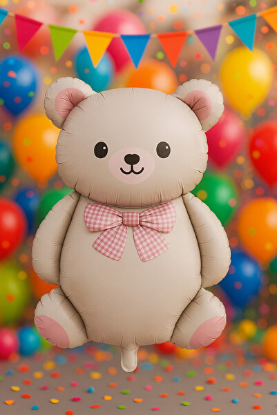 ENG PARTİ DÜNYASI Teddy Cream Foil Balloon with Pink Bow Tie 90 cm