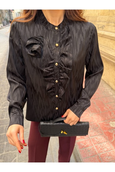 ikomteks Elegant Ruffle Detail Button Satin Women's Shirt