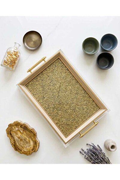 Öykü Gold Simli Dekoratif Servis Tepsisi Metal Kulplu Lüks Kahve ve Çay Sunum...