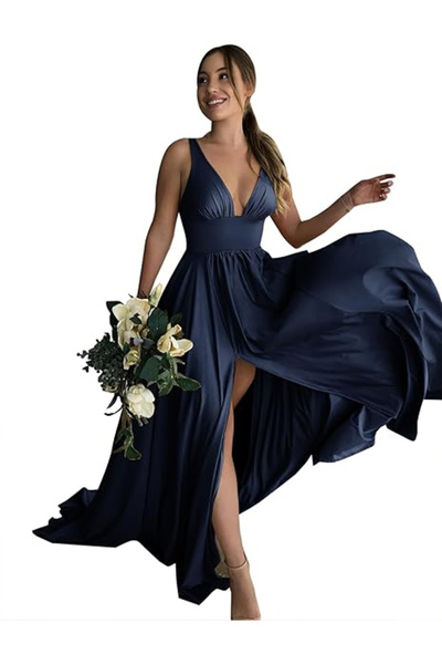 babyonlinedress Κομψό μακρύ σατέν φόρεμα, αμάνικο, με στενή μέση, μπλε, 46