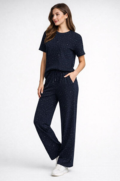 KASİDE Women's Stoned Short Sleeve Elastic Waist Tie-Detail Two-Piece Set Ksd...