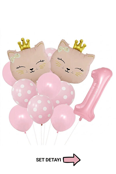 Bunloon Pembe Kedi Temalı 1 Yaş Doğum Günü Folyo Balon Seti 11 Parça Parti Sü...
