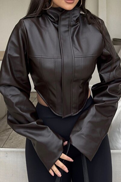 gm giyimarket Women's New Season Corset Detailed Cropped Leather Jacket