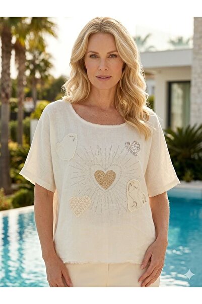 Punta Otantik Yg46440 Italian Raw K Linen Heart and Stone Blouse Cream
