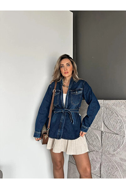 QİMYA BUTİK Qi̇mene Women's Belted Open Front Double C Pocketed Kimono Denim ...