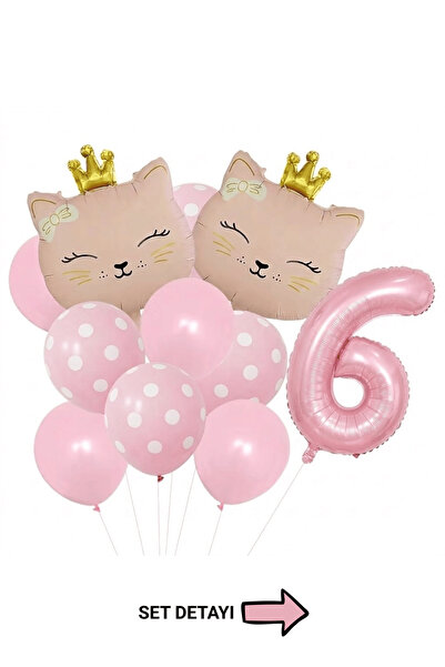 Bunloon Pembe Kedi Temalı 6 Yaş Doğum Günü Folyo Balon Seti 11 Parça Parti Sü...