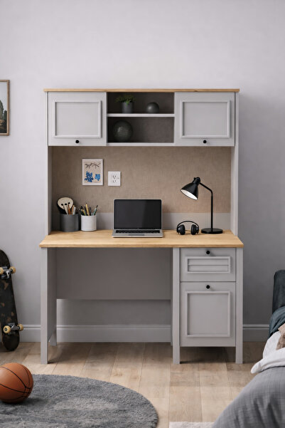 SARMOBİ Taiga Raflı Çalışma Masası 121x185x65 cm Buz Gri - Retro Tasarım