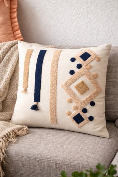 Handmade El Yapımı Punch İşlemeli Boho Dekoratif Yastık Kılıfı 45x45 Salon Kı...