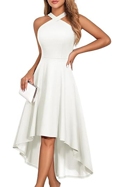 OEM Elegant long dress over the knee, fitted, sleeveless, White L