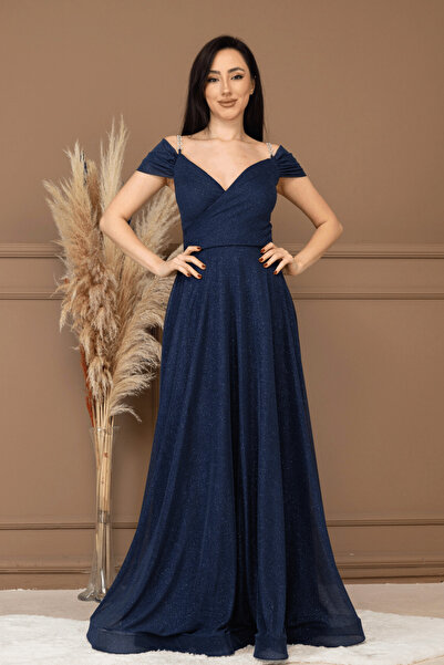 BEYBOS Simli Kumaş Kayık Yaka Abiye Elbise - LACİVERT