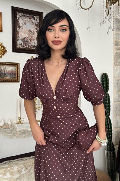 Julidress V-Neck Pearl Buttoned P Polka Dot D Patterned Premium Dress