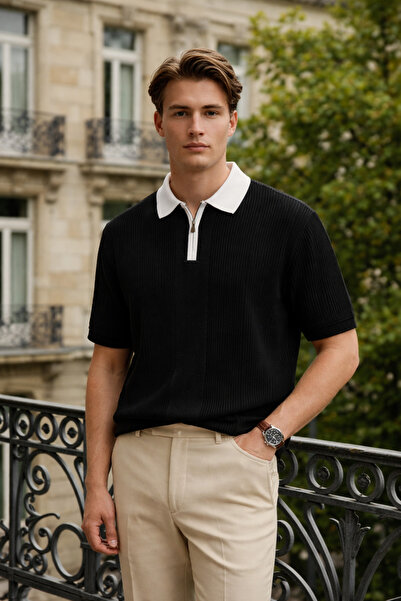 DAMGA JEANS Men's Premium Trend Black Polo Collar t Shirt