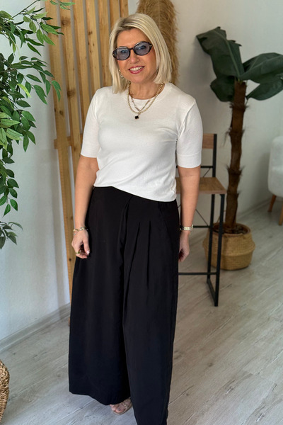 By Esra Celkan بنطلون تنورة أسود من تانسل بخصر مطاطي قصة ساق واسعة