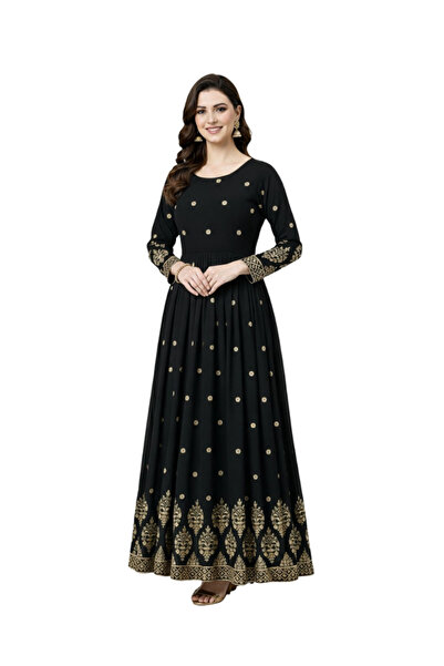 MYSMAR Black Faux Georgette Gown - HRT7368 | Black