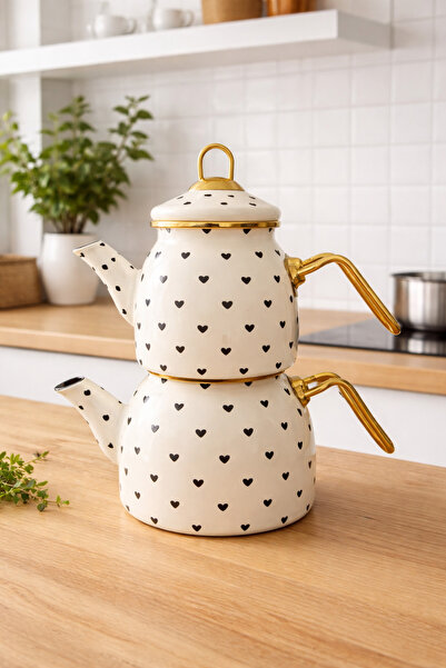 MİS KİTCHEN Enamel Teapot Set with Black Heart and Patterned Gold Handles – I...
