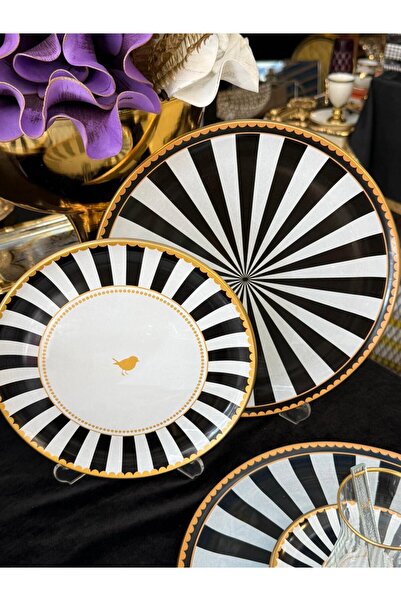 LOKMAN ZÜCCACİYE SHOWROOM 34 PARÇA 6 KİŞİLİK YUVARLAK SİYAH ÇİZGİLİ YALDIZLI ...